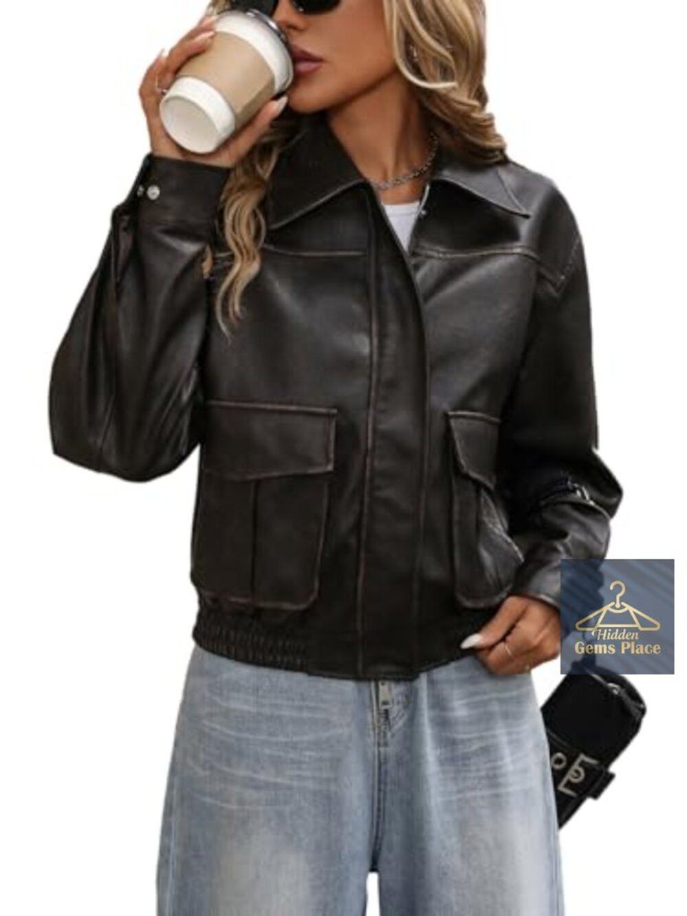 Women Faux Leather Bomber Jacket Distressed Button Front Aviator Moto Biker Coat